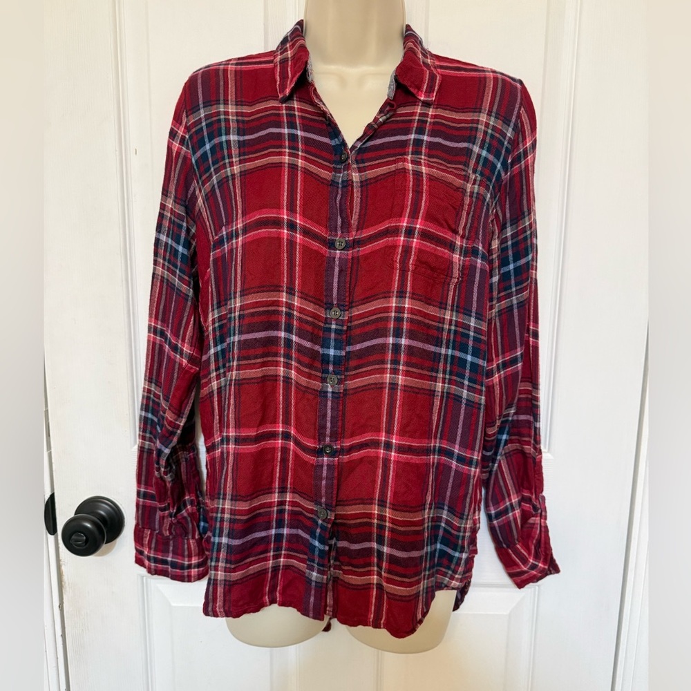 Lucky Brand Red Plaid Flannel Button Up Shirt Soft Women’s Small - Picture 3 of 7